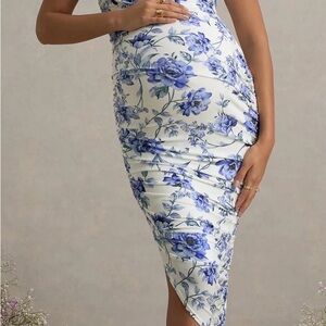Blue Floral Print Maternity Ruched One Shoulder Midi Dress